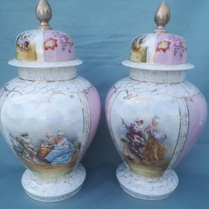 Superb Large Pair Dresden Porcelain Lidded Urn Vases Watteau Panels Pink Background