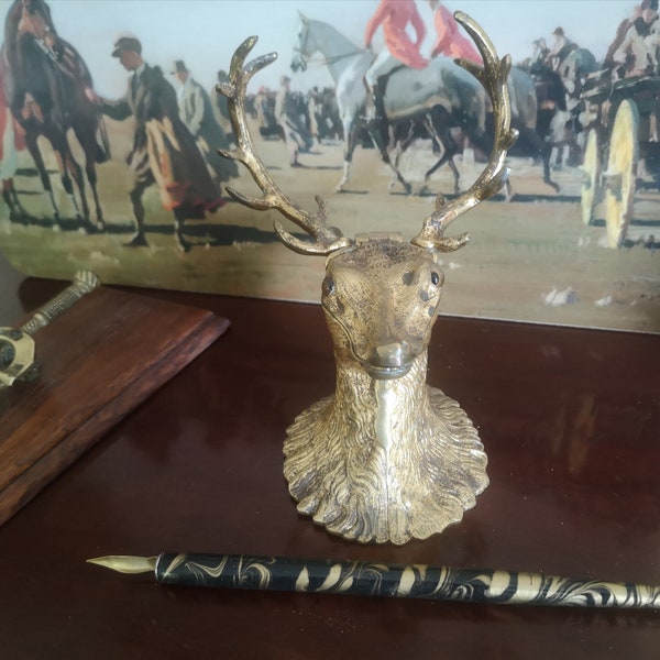 Late 19th Cent Gilded Metal Stag's Head Inkwell with Penrest Antlers