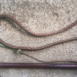 May include: A brown leather riding crop with a wooden handle and a silver band. The crop is braided and has a loop at the end.