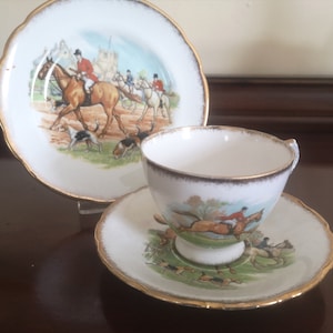 Dorchester Bone China Fox Hunting Scene Cup, Saucer and Teaplate