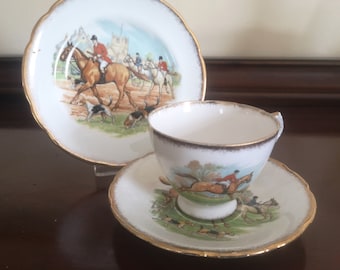 Dorchester Bone China Fox Hunting Scene Cup, Saucer and Teaplate