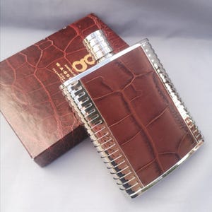 Unusual Vintage Stainless Steel  and Leather 6 oz Spirit Flask in Original Box