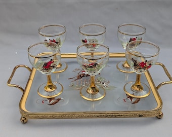 Juego vintage de 6 copas de oporto en bandeja de cristal a juego con diseño de caza del zorro