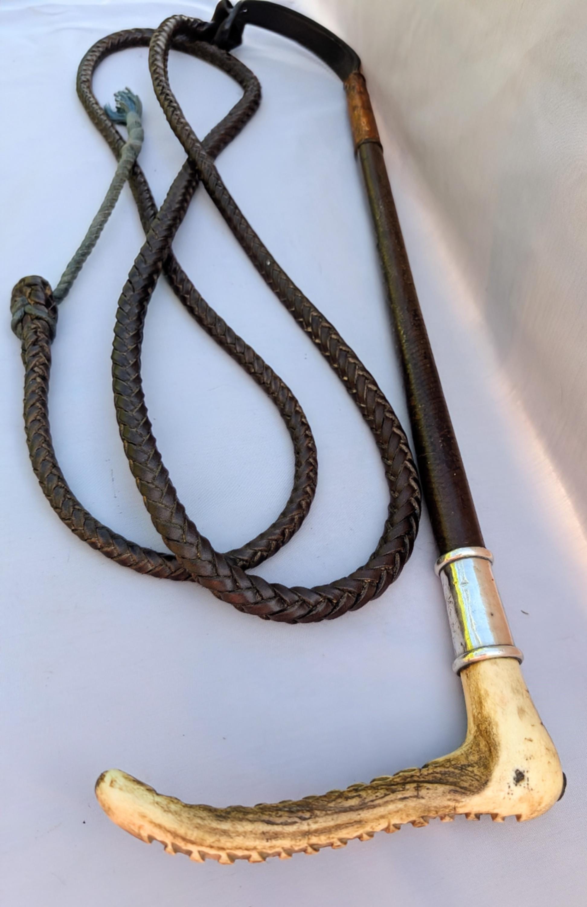 Ancien Fouet D'équitation En Cuir Tressé - Chasse à Courre - Fait Main