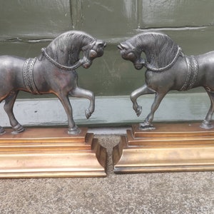 Pair Antique Steel Horses on Brass Bases Heavy Fireplace or Doorstops