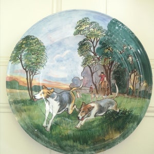 Antique Large Charger Hand Painted with Fox Hounds and Huntsman