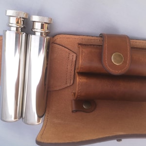 Vintage Two Small Stainless Steel Spirit Flasks in Tan Wallet