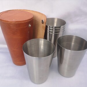 Set of Six Vintage Stainless Steel Beakers in Leather Case Good Quality