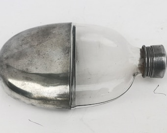 Antique Glass Hip Flask with Pewter Cup base