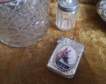 Hallmarked Silver Vesta Case Birmingham 1902 with Enamelled Plaque of Horse's Head