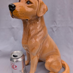 Può includere: Una statuetta di cane in ceramica color marrone dorato lucido in posizione seduta, con naso nero e occhi scuri. La scultura è posizionata accanto a una lattina di bibita in alluminio Diet Coke argentata da 330 ml come riferimento di dimensioni.