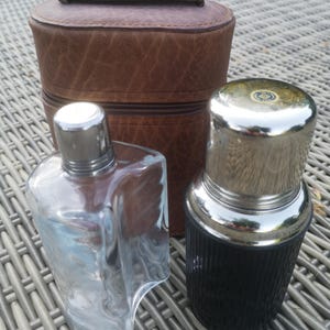 Vintage Glass Flask and Small Thermos Flask Fitted in Brown Leather Case each with a Cup