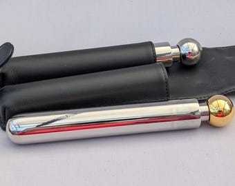 Two Good Quality Small Stainless Steel Spirit Flasks in Black Wallet