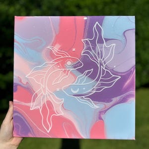 abstract koi fish wall art, ying and yang, original resin coated painting, 12x12