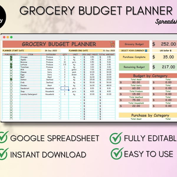 Grocery Budget Planner Spreadsheets for Google Sheets, Digital Grocery Budget Planner, Food Budget, Daily Grocery List, Food Tracker