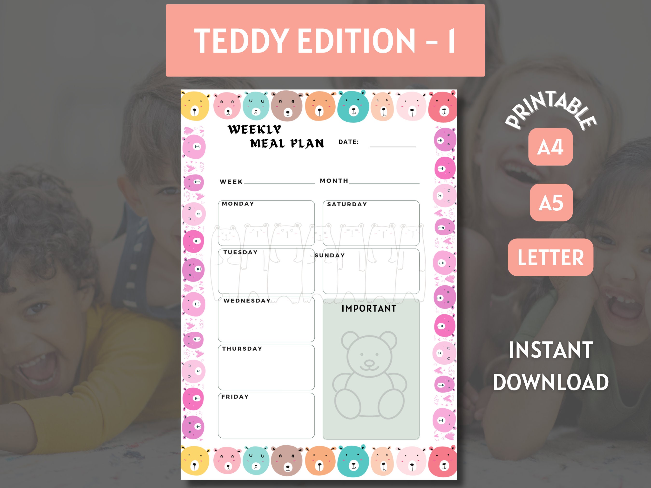 6 Version Kids Meal Planner Printable, Kids Meal Planner Printable