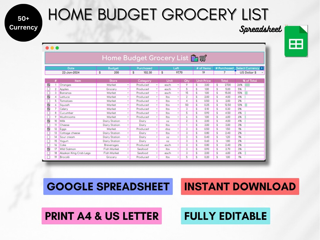 Simple Printable Grocery List With Budget, Printable Home Budget ...