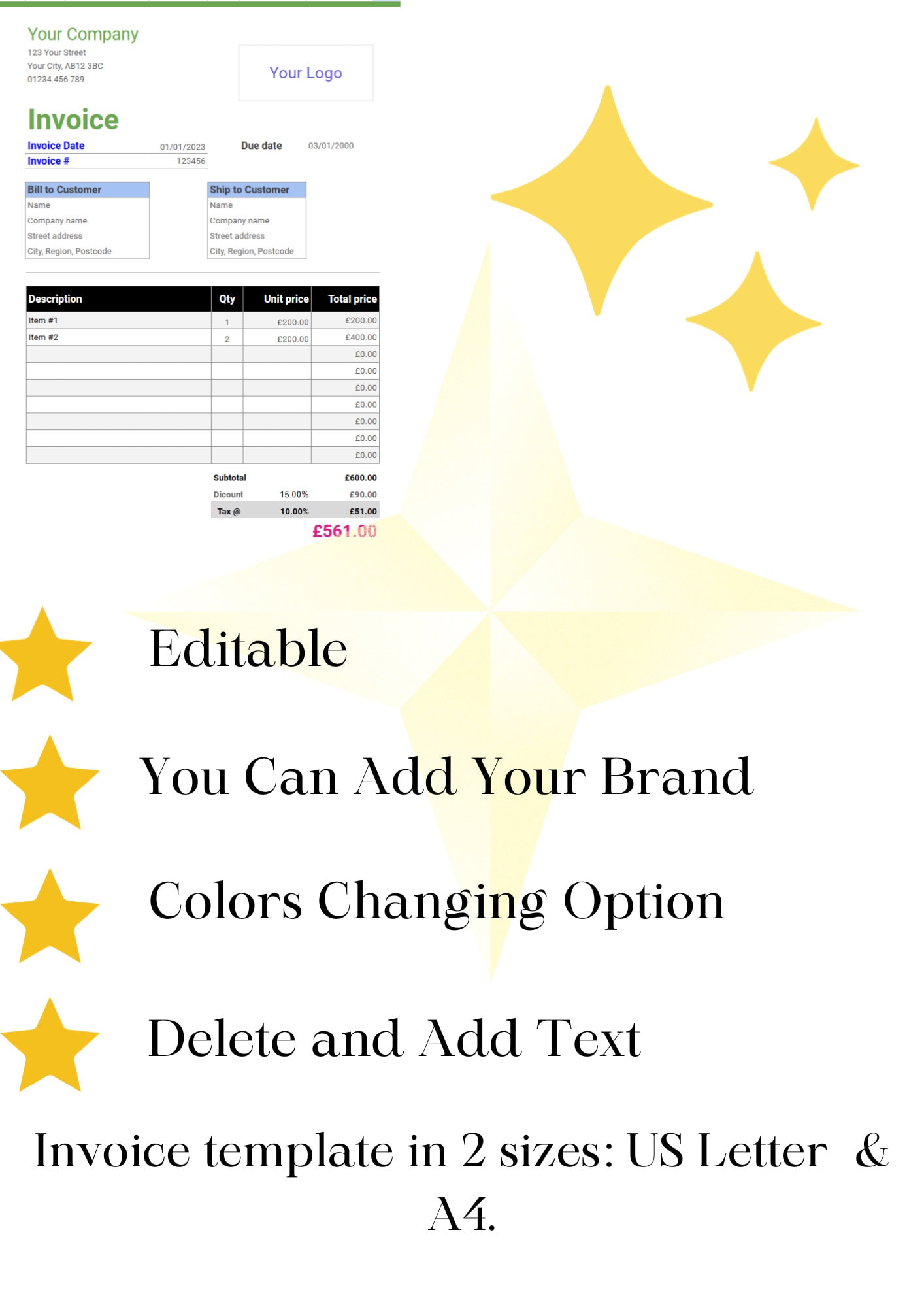 Basic Editable Invoice Template, Printable Invoice Template, Invoice ...