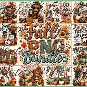 May include: A digital graphic design sheet featuring a collection of fall-themed illustrations including highland cows, ghosts, pumpkins, sunflowers, and leopard print patterns with text overlays like Pumpkin Season and Fall PNG Bundles.