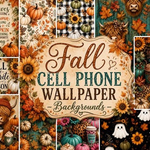 Könnte beinhalten: Eine Sammlung digitaler Handy-Hintergrundbilder mit Herbstmotiven wie Kürbissen, Sonnenblumen, Hochlandrindern, Geistern und Herbstlaub. Die Textüberlagerungen enthalten Phrasen wie Leaves are falling, Autumn is calling und Fall is my favorite season.