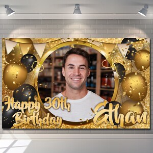 Banner de fondo de feliz cumpleaños personalizado, póster negro y dorado, decoraciones de globos para fiesta, para hombres, mujeres y niños