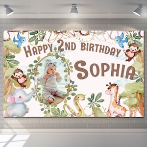 Personalised Happy Birthday Backdrop Background Banner Animal jungle trees Sign Poster Fabric Party Decoration Supplies Kids Baby Children