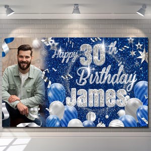 Personalised Happy Birthday Banner Backdrop Photo Blue Pink Silver Customised Celebration Poster Fabric boy girl woman man Party Decorations