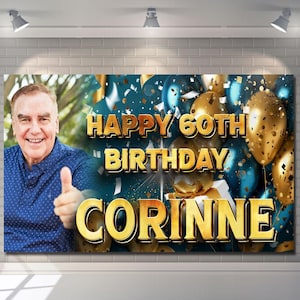 Personalised Happy Birthday Backdrop Background Banner Party Sign Poster Fabric Balloon Gold Blue Man Woman Event Decorations 18th 40th 50th