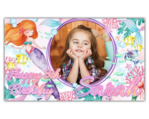 Birthday Backdrop Photo Banner Personalised Mermaid Pink Girl - View #2