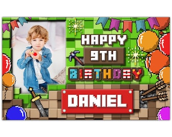 Birthday Backdrop Background Photo Banner Personalised pixel video game console joystick children kids boy Poster Fabric Party Decorations