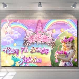 Birthday Backdrop Background Photo Banner Personalised unicorn pink girl baby rainbow children kids Poster Fabric Party balloon Decorations