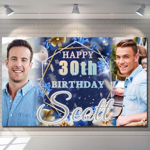 Personalised Happy Birthday Banner Backdrop Photo Blue Silver Customised Celebration Poster Fabric boy  man Party Decorations Gift