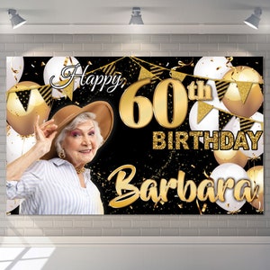 Personalised Happy Birthday Backdrop Background Banner Black and Gold Sign Poster Fabric Party Decorations man woman