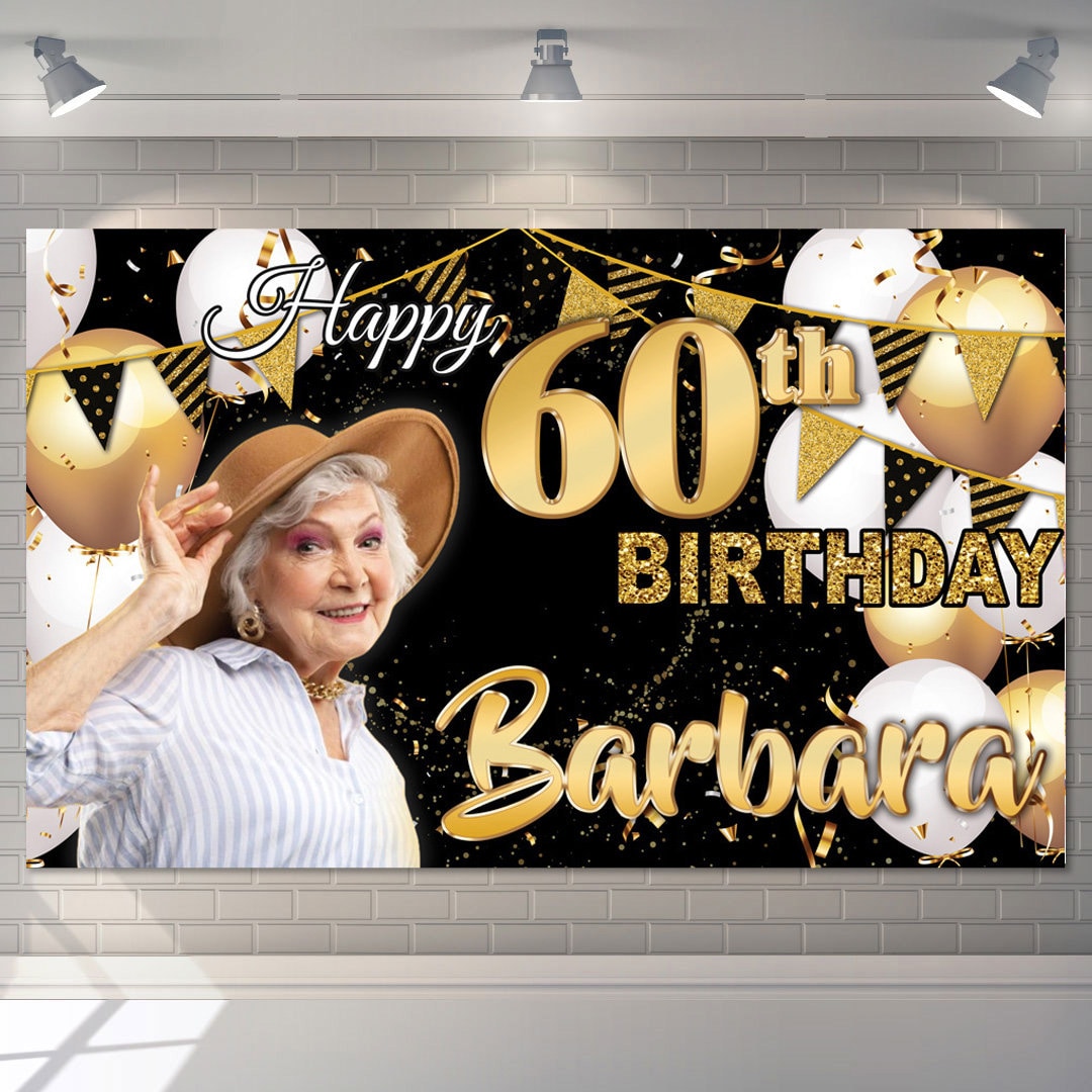 Banner di sfondo festa di buon compleanno, poster in tessuto nero e oro
