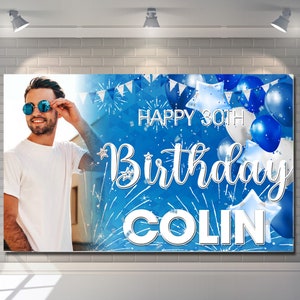 Personalizado feliz aniversário pano de fundo banner sinal azul cartaz tecido pano cortina festa balão estrela decorações homem mulher menino