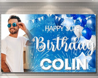 Fondo personalizado de feliz cumpleaños, pancarta de fondo, cartel azul, tela, cortina, globo de fiesta, decoraciones de estrellas, hombre, mujer, niño