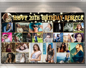 Personalised Happy Birthday Backdrop Banner Multi Photo Poster Fabric Cloth Curtain Party Decorations man woman boy girl kids children gift