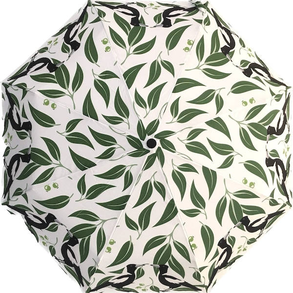 Magpies and Gum Leaves Umbrella - Foldable Easy Open/Close - Ideal Gift for Gardening Enthusiasts and Bird Lovers - Designed in Australia