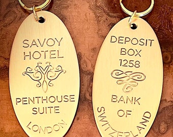 Retro Keychain: Solid Brass Style with Gift Bag Included - Savoy Hotel Penthouse Suite London, Swiss Bank Deposit Box 1258