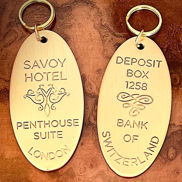 Retro Keychain: Solid Brass Style with Gift Bag Included - Savoy Hotel Penthouse Suite London, Swiss Bank Deposit Box 1258