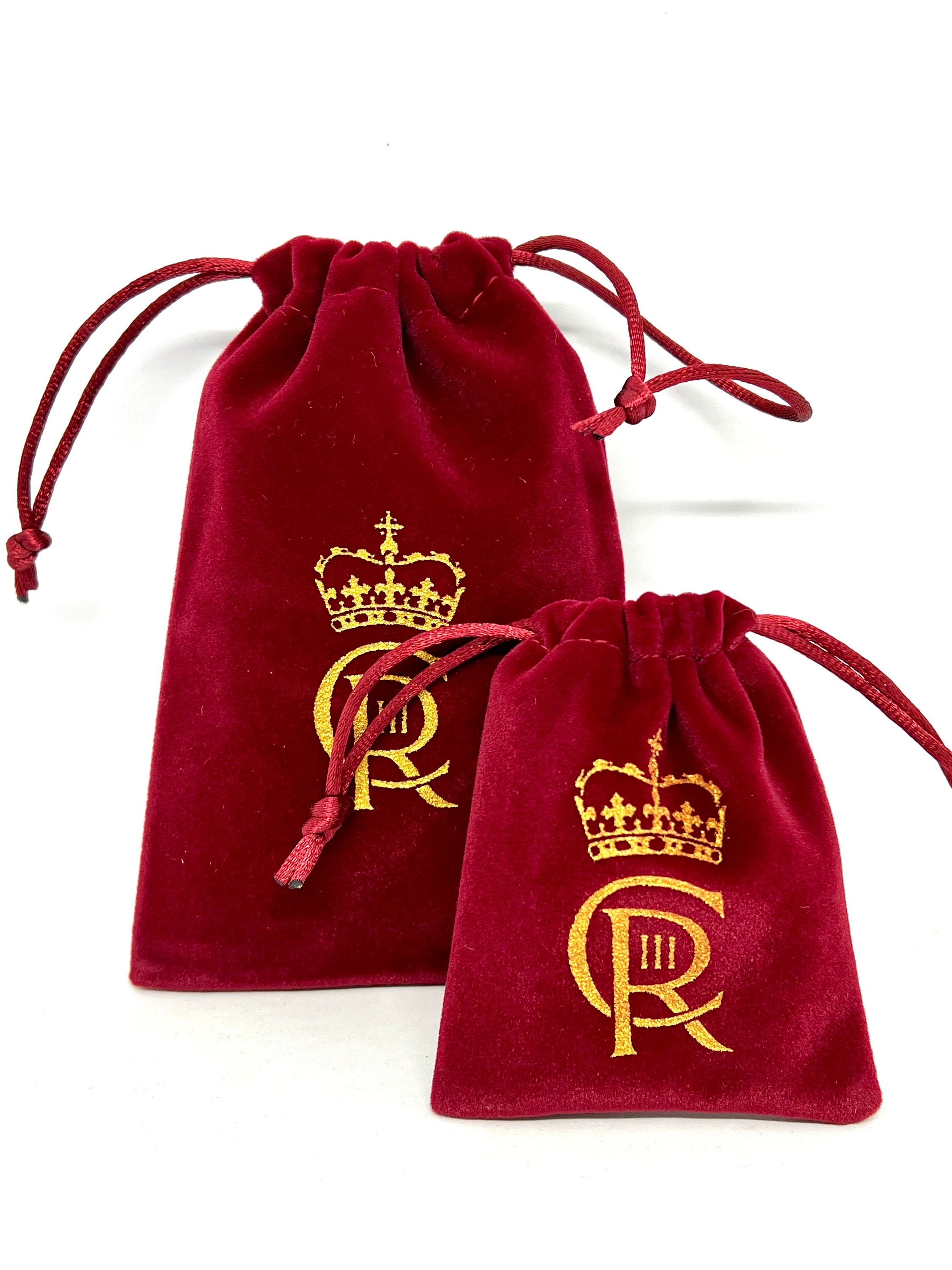 King Charles CRIII Royal Cypher Deluxe Velvet Jewellery Drawstring Bags ...