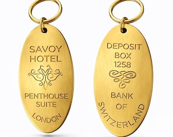 Retro mässingsnyckelring: Savoy Hotel Penthouse Suite eller Swiss Bank-nyckelring