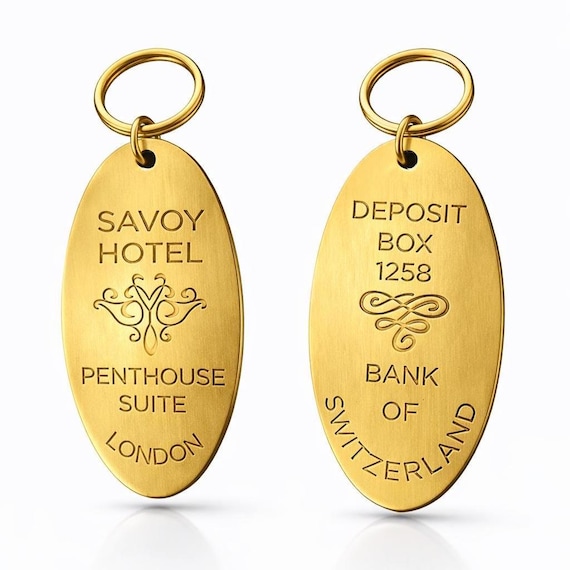 Retro Brass Keychain: Savoy Hotel Penthouse Suite or Swiss Bank