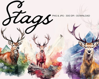 16 STAGS - Grunge Stags, Illustrated, Clipart Art, Lumberjack, Forest, Trees, Nature, PNG & JPG format instant download for commercial use