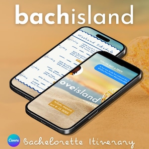 Puede incluir: Dos teléfonos inteligentes que muestran un itinerario digital de despedida de soltera titulado bachisland. Las pantallas muestran un horario de fin de semana con actividades diarias, una notificación de mensaje y el texto tulum, mexico oct 9-13 2025.