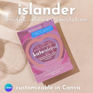 Op de afbeelding: Een rechthoekige uitnodigingskaart voor een bridal shower in roze en paarse tinten met een centraal hartvormig grafisch element. De tekst bevat islander bridal shower invitation, you've got a text, kateisland, please join us for a bridal shower honoring Kate Williams, Sunday August 2, 123 anywhere st, any city, kindly RSVP.