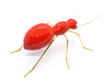 Red Ant in Decorative Ceramics and Brass - Unique Handmade Adornment for Home Decor, Original Art Gift