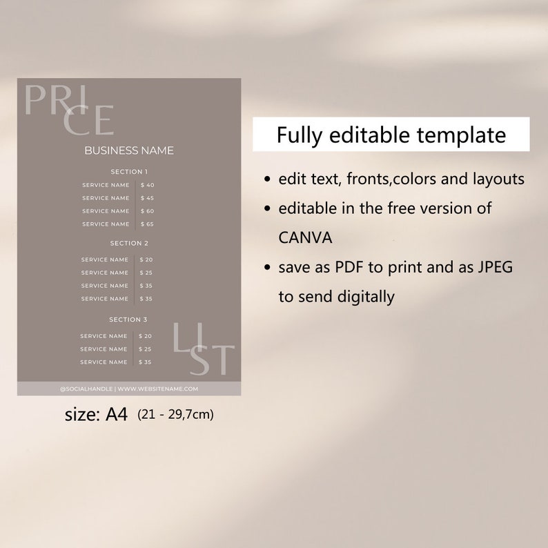 Editable Price List Template, Printable Price Sheet, Small Business ...