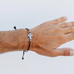 Baptism gift, Cross bracelet for men, Birthday gift, Men&#39;s leather bracelet with a silver cross pendant, Gift for him, Christian jewelry