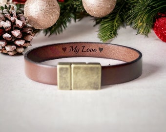 Engraved Bracelet, Gift for Him, Mens Leather Bracelet, Hidden Message Bracelet, 3 Year Anniversary, Third Year Wedding Anniversary